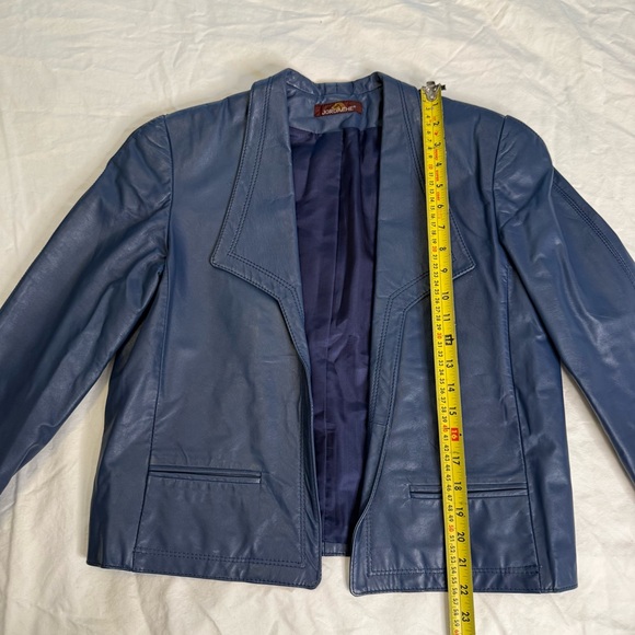 90s Slate Blue Genuine Leather Blazer | Vintage Deep Navy Power Jacket Size 8 - Picture 9 of 11